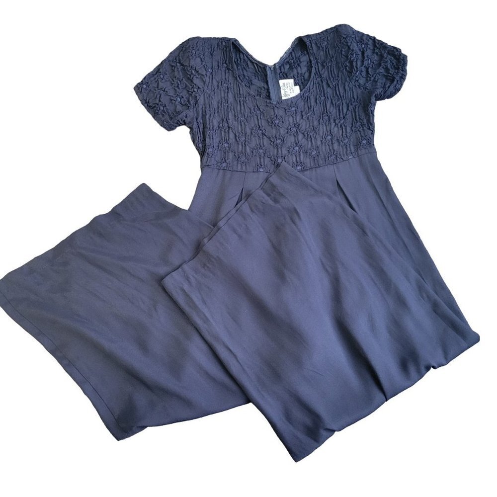 Vintage Jeffrey & Dara Petit Jumpsuit Navy Smocked Floral Palazzo Size 4 - Picture 11 of 13